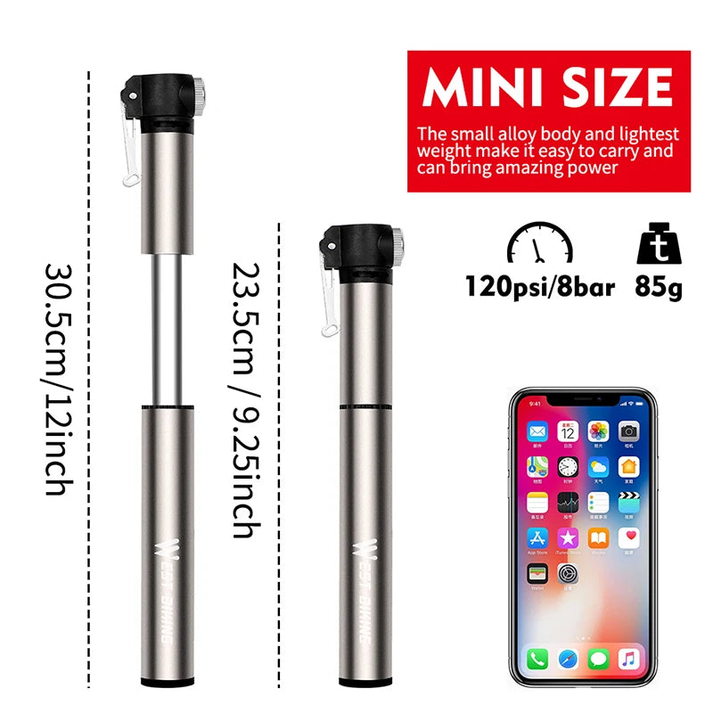 WEST BIKING Bicycle Air Pump Mini Hand Pump Tire Inflator Bike Pump Aluminum Alloy AV/FV Valve MTB Road Cycling for Ball 120psi