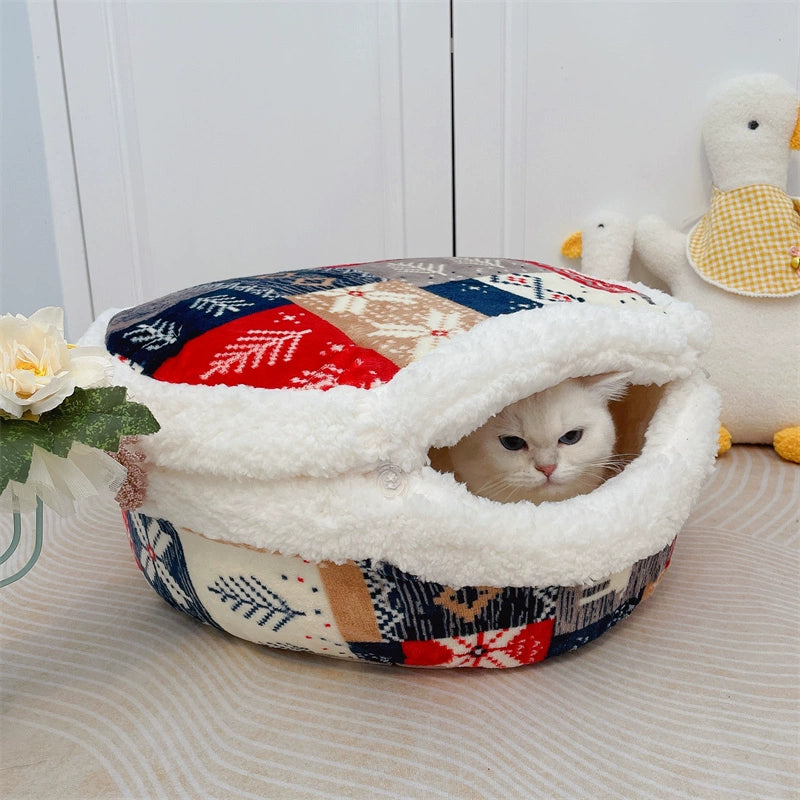 Japanese Style Dorayaki Cat Nest Vintage Winter Warm Closed Dual-Use All Year Round Cat House House Kennel Pet Bed