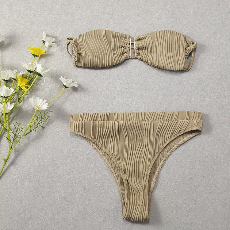 Solid Split Swimsuit Bandeau Swimming Suit High Waist Bikini Beach Sexy bikini Women