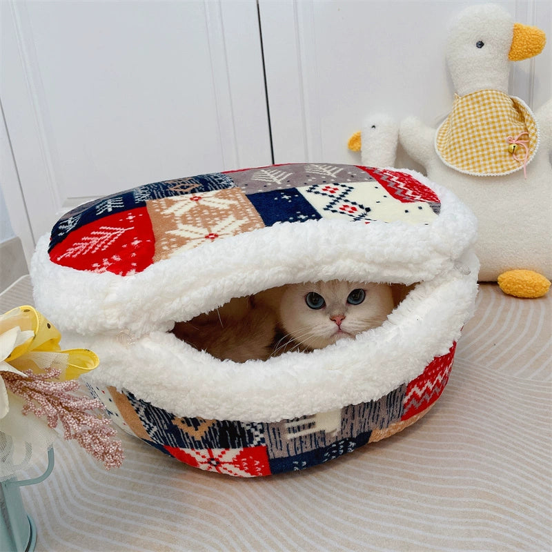 Japanese Style Dorayaki Cat Nest Vintage Winter Warm Closed Dual-Use All Year Round Cat House House Kennel Pet Bed
