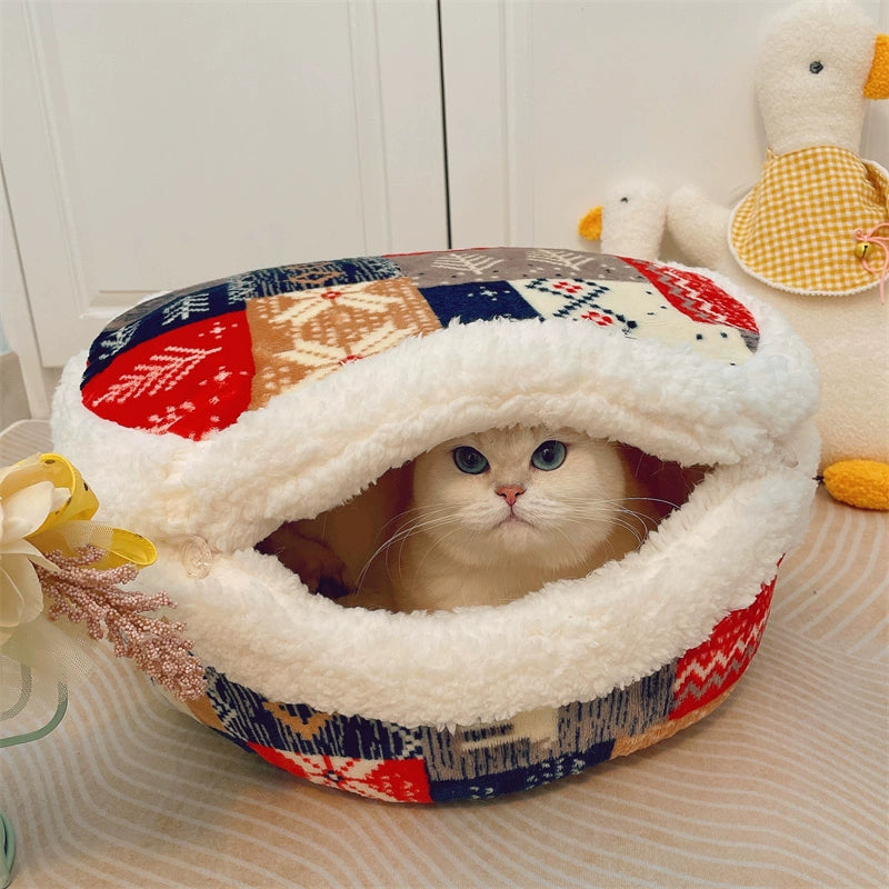 Japanese Style Dorayaki Cat Nest Vintage Winter Warm Closed Dual-Use All Year Round Cat House House Kennel Pet Bed