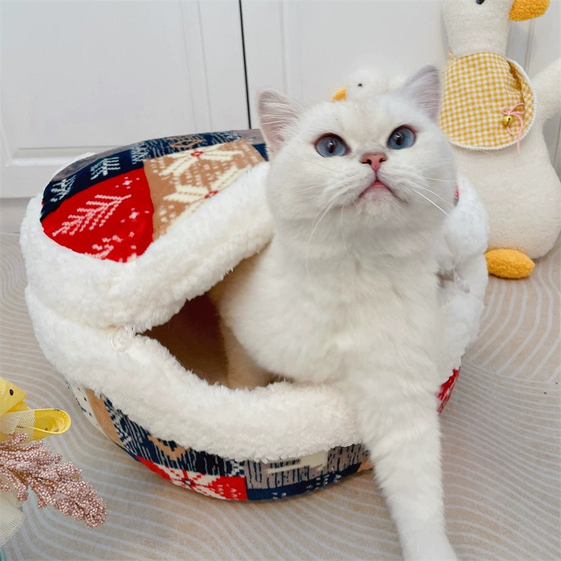 Japanese Style Dorayaki Cat Nest Vintage Winter Warm Closed Dual-Use All Year Round Cat House House Kennel Pet Bed