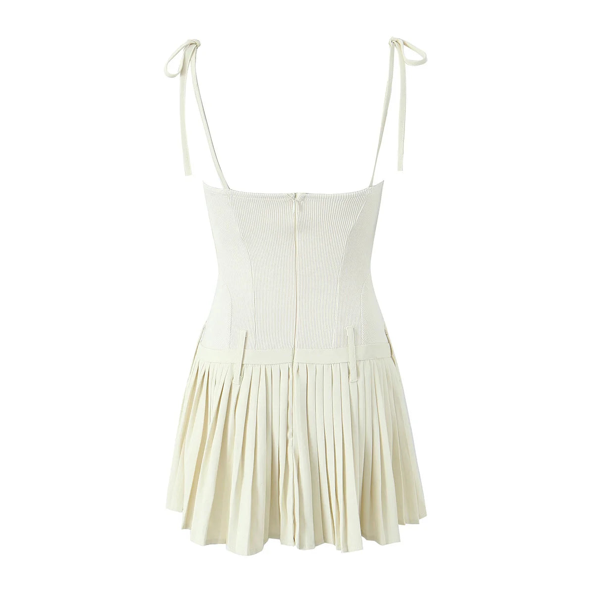 Beige Sexy Metal Hook Buttons Waist Spliced Lace Slash Collar Bow Lacing Up Sling Mini Dress Women Low Waist Pleated Hem Robe