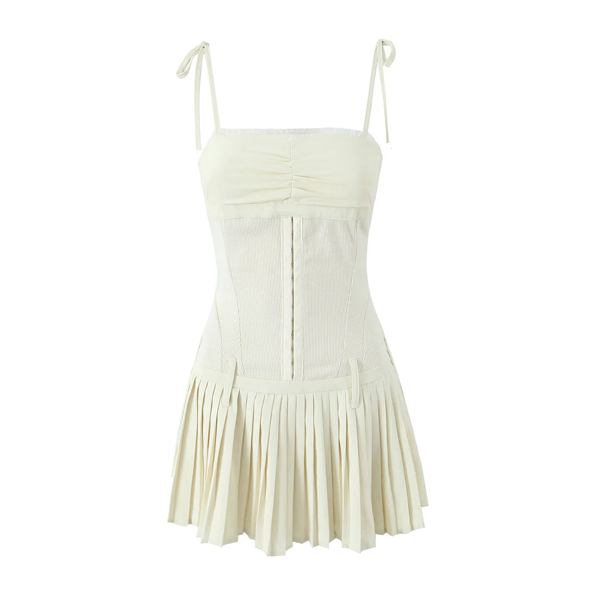 Beige Sexy Metal Hook Buttons Waist Spliced Lace Slash Collar Bow Lacing Up Sling Mini Dress Women Low Waist Pleated Hem Robe