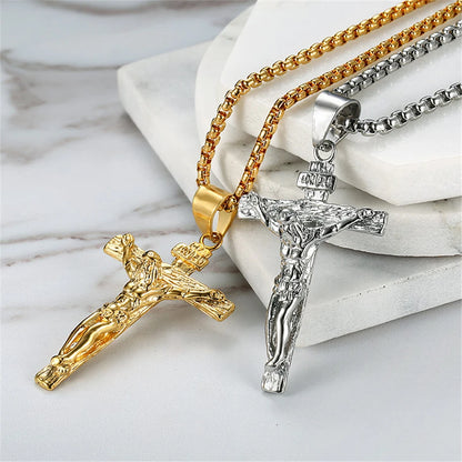 Religious Jesus Christ Cross Pendant Necklace for Women/Men Gold Color Stainless Steel Crucifix Necklaces Men Christian Jewelry