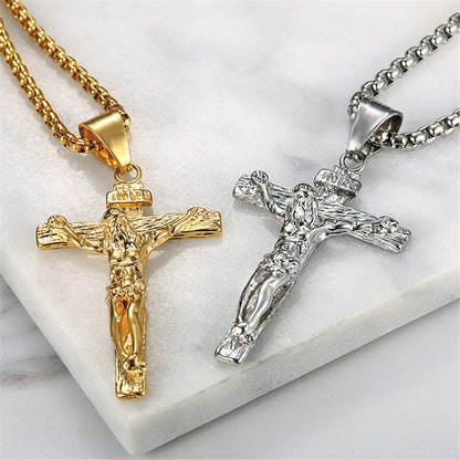 Religious Jesus Christ Cross Pendant Necklace for Women/Men Gold Color Stainless Steel Crucifix Necklaces Men Christian Jewelry