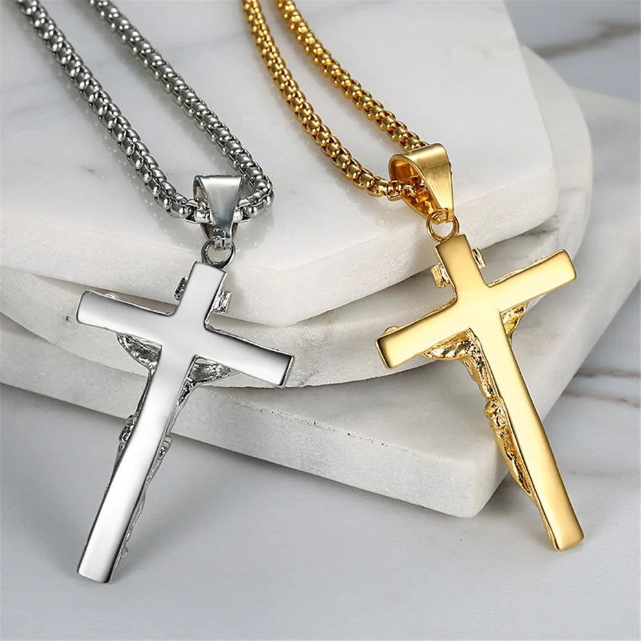 Religious Jesus Christ Cross Pendant Necklace for Women/Men Gold Color Stainless Steel Crucifix Necklaces Men Christian Jewelry