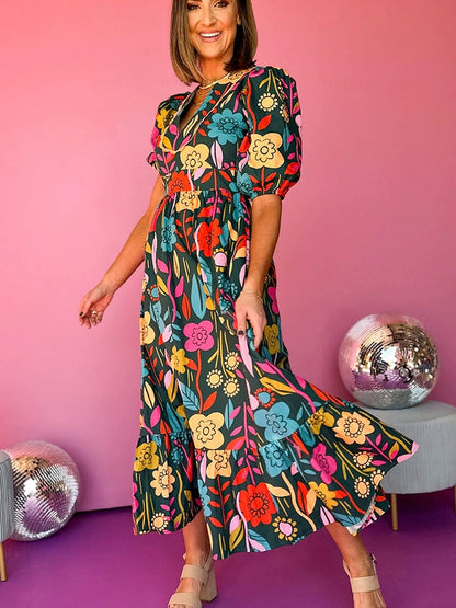 Fashion Short Sleeve Dress Slimming V-Neckline Florals Print