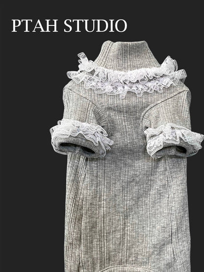 Sphinx German Hairless Cat Clothes Spring Summer Gray Mid-High Collar Cotton Elastic Lace Lace Bottoming Shirt