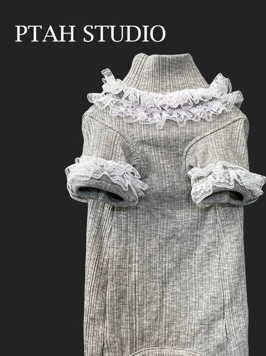 Sphinx German Hairless Cat Clothes Spring Summer Gray Mid-High Collar Cotton Elastic Lace Lace Bottoming Shirt
