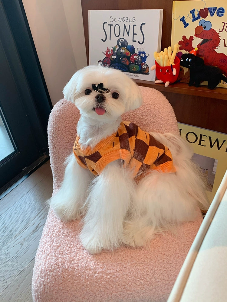 Pet Dog Checkerboard Sweater Autumn and Winter Vest Waistcoat Bichon Schnauzer Pomeranian Teddy Cat Clothes Sweater