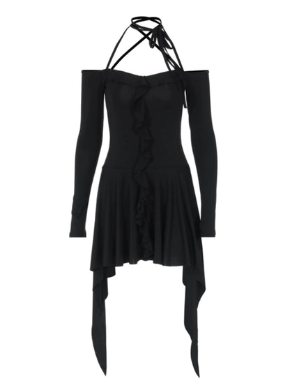 Gusty Pure Desire Sexy Asymmetrical Special-Interest Design Halterneck Dress Early Spring Sweet and Spicy Wind Sexy off-the-Shoulder A- line Dress