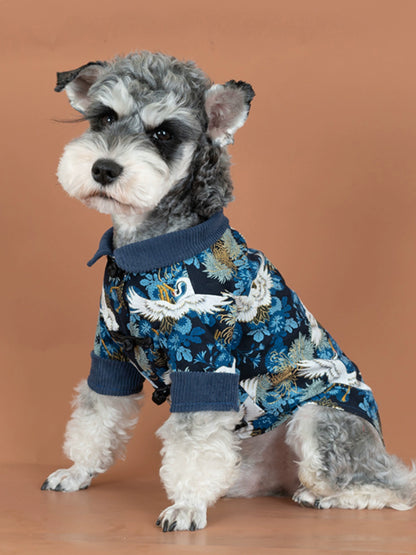 Chinese Style Crane Pet Shirt Summer Thin Cat Clothes Teddy Bichon Schnauzer Small Size Dogs Dog Clothes