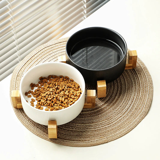 Black Ceramic Cat and Dog Water Bowl Pet Bowl Integrated Easy-to-Clean Wooden Rack Double Bowl Cat Food Holder Anti-Tumble Drinking Water