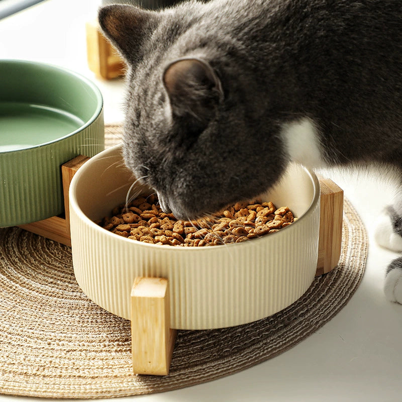 Black Ceramic Cat and Dog Water Bowl Pet Bowl Integrated Easy-to-Clean Wooden Rack Double Bowl Cat Food Holder Anti-Tumble Drinking Water