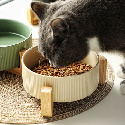 Black Ceramic Cat and Dog Water Bowl Pet Bowl Integrated Easy-to-Clean Wooden Rack Double Bowl Cat Food Holder Anti-Tumble Drinking Water