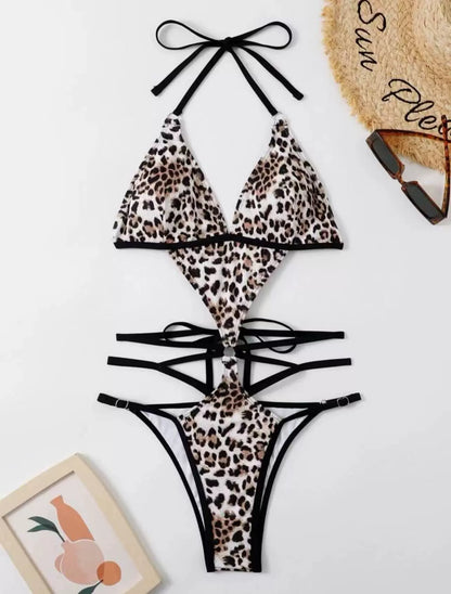 Women's Lace-up Cutout Sleeveless Casual Leopard-Print One-Piece Swimming Suit Vacation Diving European and American Sexy Swimsuit with Chest Pad