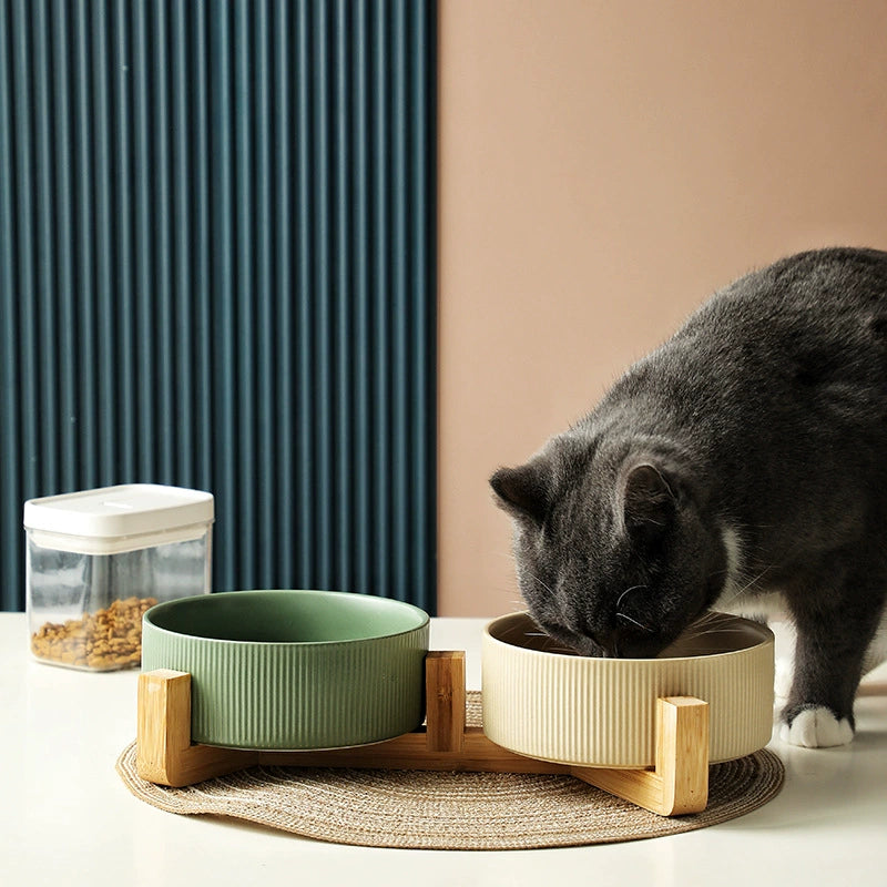 Black Ceramic Cat and Dog Water Bowl Pet Bowl Integrated Easy-to-Clean Wooden Rack Double Bowl Cat Food Holder Anti-Tumble Drinking Water