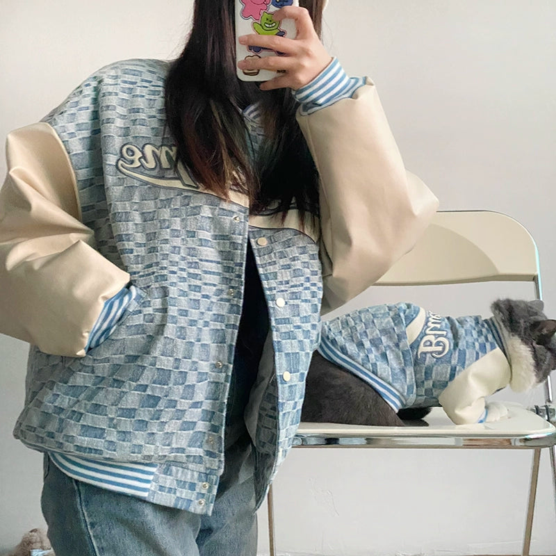 Bluetime Homemade Fashion Brand Parent-child Matching Outfit Dog Clothes Autumn and Winter Warm Baseball Uniform Cat Couple look Teddy Autumn clothes