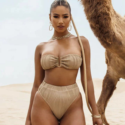 Solid Split Swimsuit Bandeau Swimming Suit High Waist Bikini Beach Sexy bikini Women