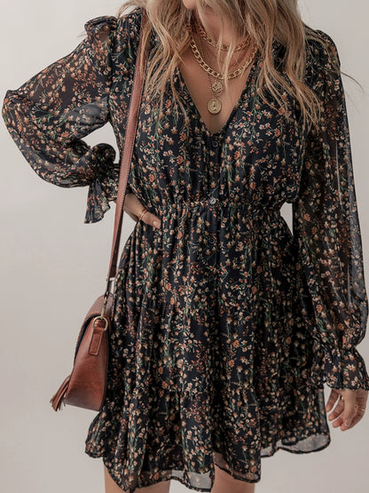 Fashion V Neck Black Florals Print Knee-Length Skirt Pullover