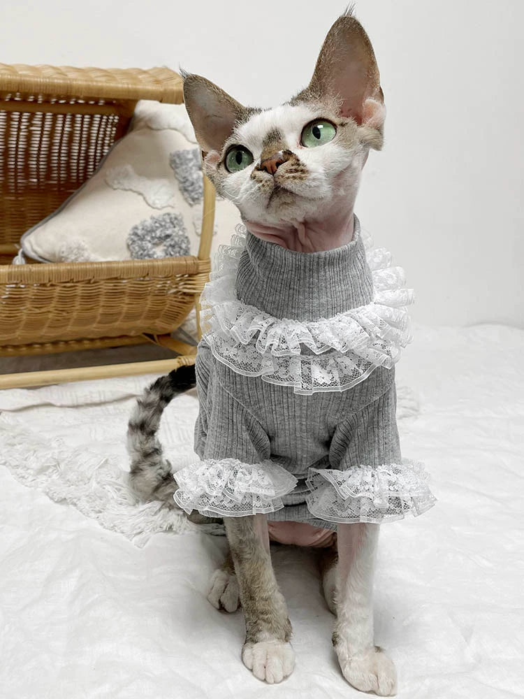 Sphinx German Hairless Cat Clothes Spring Summer Gray Mid-High Collar Cotton Elastic Lace Lace Bottoming Shirt