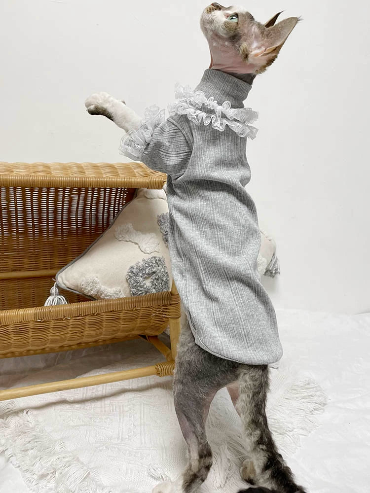 Sphinx German Hairless Cat Clothes Spring Summer Gray Mid-High Collar Cotton Elastic Lace Lace Bottoming Shirt