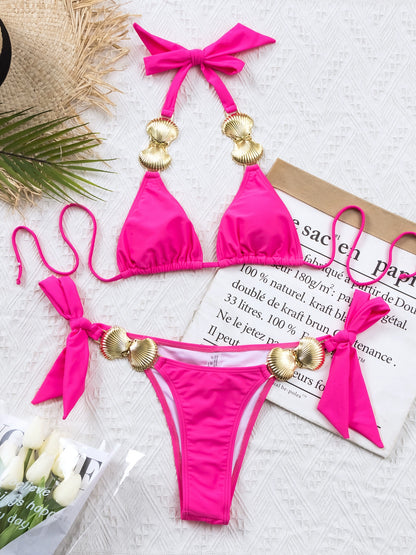 Pure Color Separates Swimsuit Metal Bikini Shoelace Swimsuit Women's Sexy Bikini