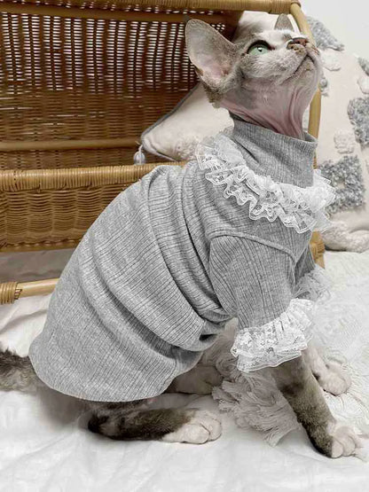Sphinx German Hairless Cat Clothes Spring Summer Gray Mid-High Collar Cotton Elastic Lace Lace Bottoming Shirt