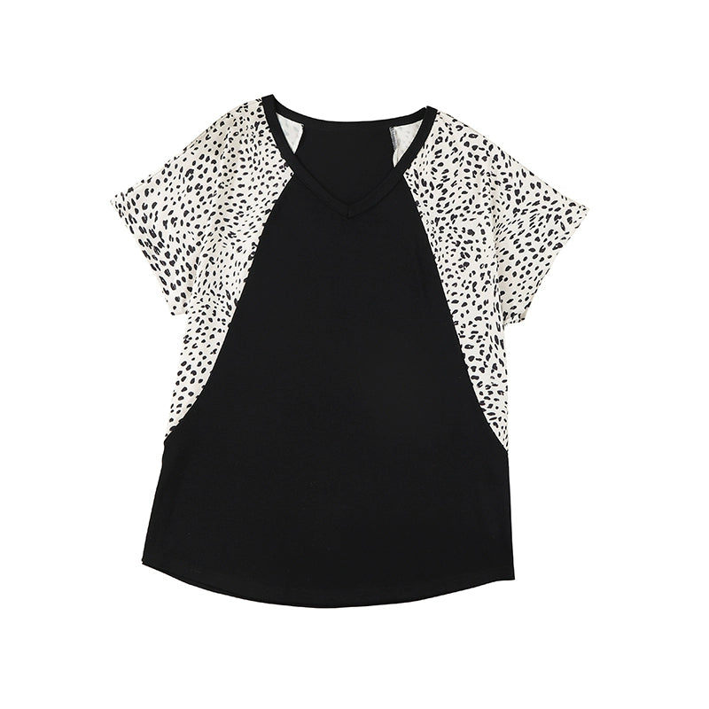 2024 Summer New Arrival Leopard Print Patchwork Short-Sleeved T-shirt Female Fashion V-neck Casual Half Oversleeve Head Tops Female
