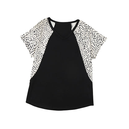 2024 Summer New Arrival Leopard Print Patchwork Short-Sleeved T-shirt Female Fashion V-neck Casual Half Oversleeve Head Tops Female