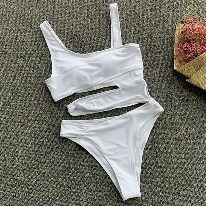 Triangle Nylon Chest Pad Summer Beach Swimsuit Solid Color Hollow-out Midriff Irregular Spaghetti-Strap Sexy One Piece Swimsuit