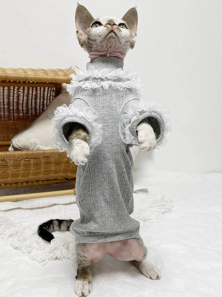 Sphinx German Hairless Cat Clothes Spring Summer Gray Mid-High Collar Cotton Elastic Lace Lace Bottoming Shirt