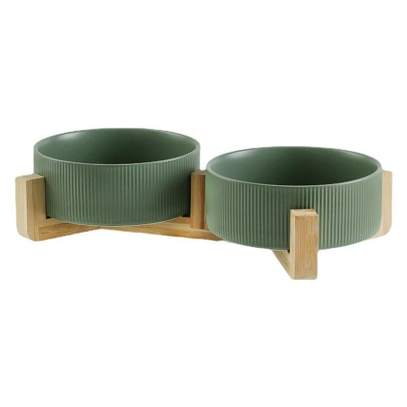 Black Ceramic Cat and Dog Water Bowl Pet Bowl Integrated Easy-to-Clean Wooden Rack Double Bowl Cat Food Holder Anti-Tumble Drinking Water