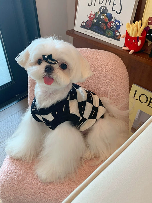 Pet Dog Checkerboard Sweater Autumn and Winter Vest Waistcoat Bichon Schnauzer Pomeranian Teddy Cat Clothes Sweater