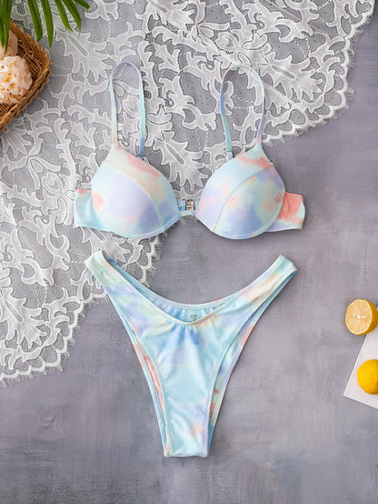 European and American Ins Hot Girl Lace-up Two-Piece Swimsuit Steel Bracket Push-up Bikini Sexy Three-Point Tie-Dye Bikini