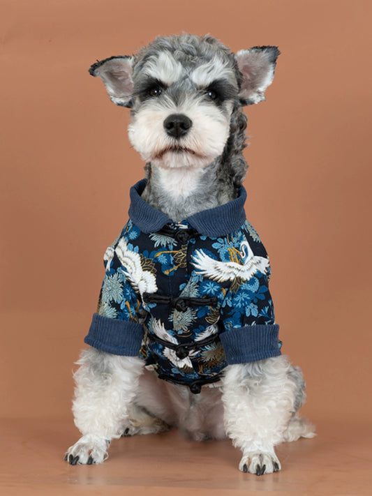Chinese Style Crane Pet Shirt Summer Thin Cat Clothes Teddy Bichon Schnauzer Small Size Dogs Dog Clothes