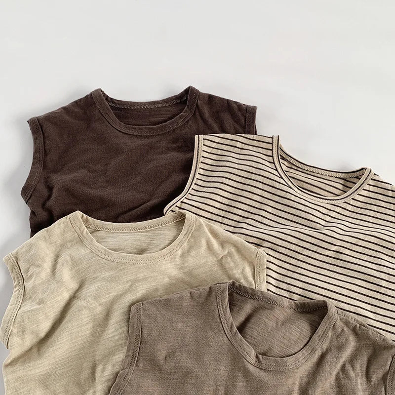 Korean Fashion Baby Boys Girls Slub Cotton Sleeveless T Shirt Toddler Kids Summer Tanks Tops Vest Children Singlet Beach Clothes