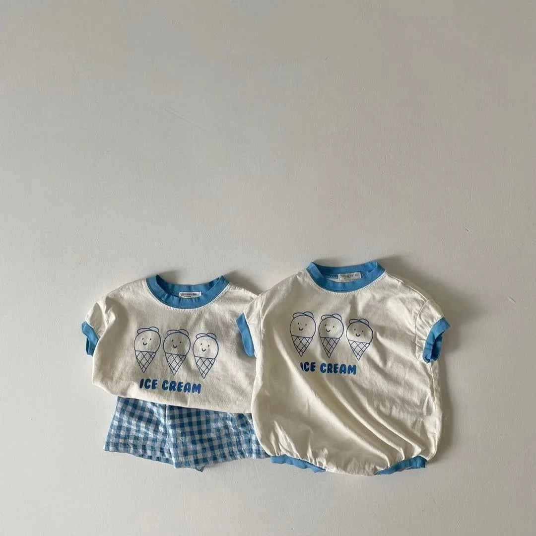 2023 Summer New Baby Cute Ice Cream Print Clothes Set Infant Boy Short Sleeve T Shirt 2pcs Set Cotton Baby Girl Plaid Shorts Set