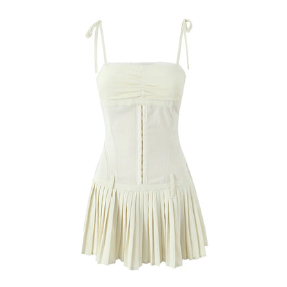 Beige Sexy Metal Hook Buttons Waist Spliced Lace Slash Collar Bow Lacing Up Sling Mini Dress Women Low Waist Pleated Hem Robe