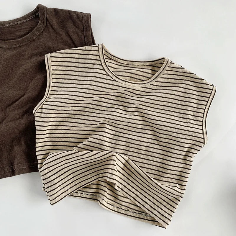 Korean Fashion Baby Boys Girls Slub Cotton Sleeveless T Shirt Toddler Kids Summer Tanks Tops Vest Children Singlet Beach Clothes