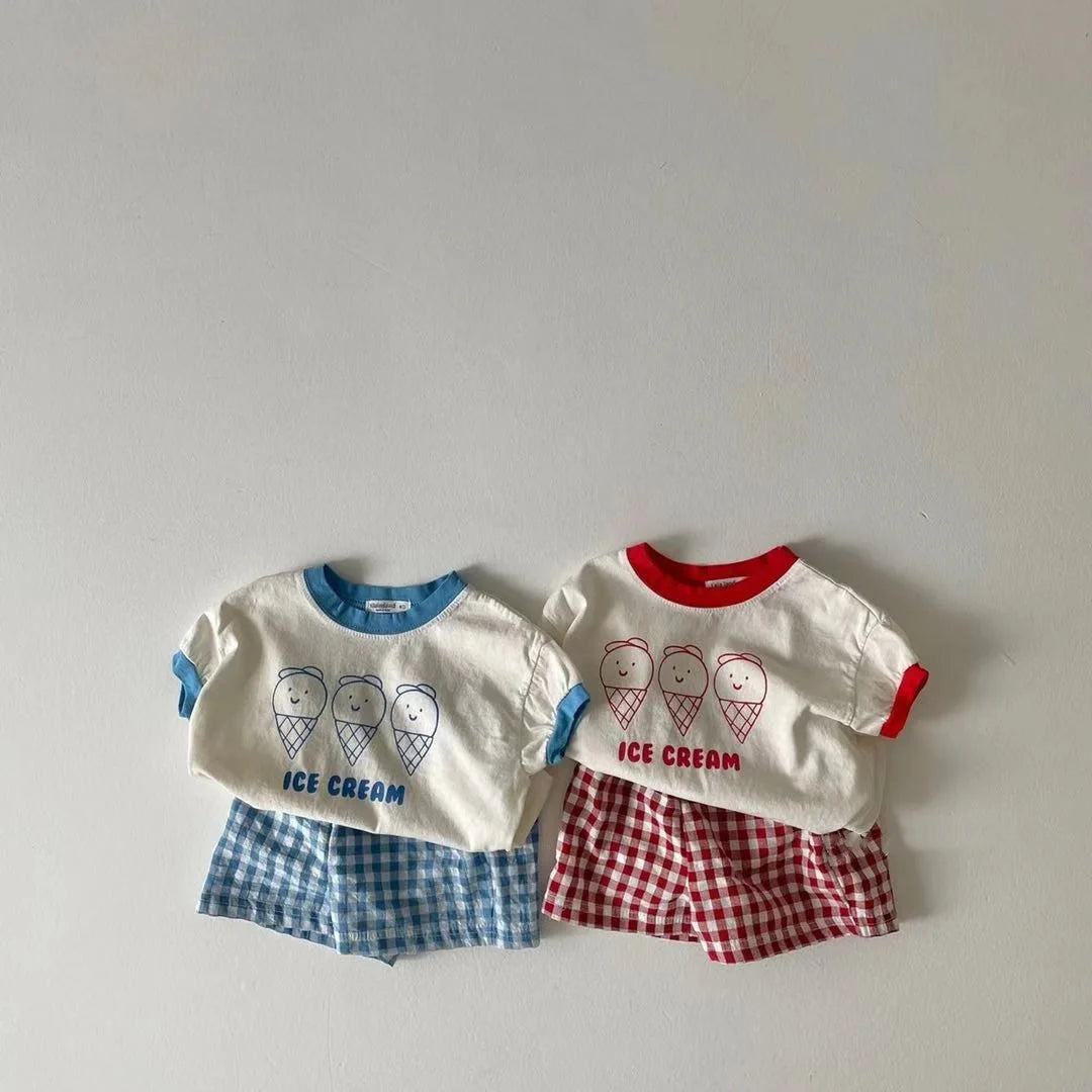 2023 Summer New Baby Cute Ice Cream Print Clothes Set Infant Boy Short Sleeve T Shirt 2pcs Set Cotton Baby Girl Plaid Shorts Set