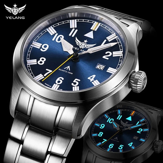 YELANG New Pilot H3 T100 Self Luminous Quartz Watches Waterproof 100m Sapphire Mirror Men's Watch Military Sports Watch V1021SS