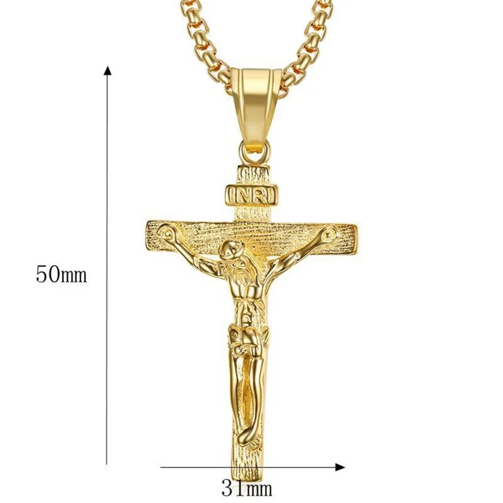Religious Jesus Christ Cross Pendant Necklace for Women/Men Gold Color Stainless Steel Crucifix Necklaces Men Christian Jewelry