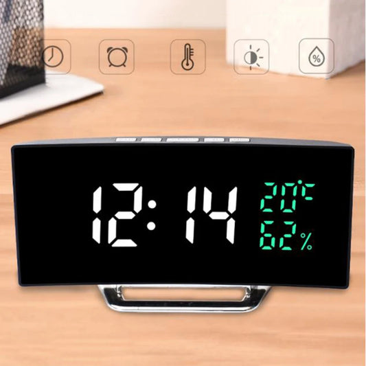 Curved Screen Clock Electronic Clock Large Screen LED Mirror Clock 12/24h Silent Alarm Clock Creative Bedside Clock Room Decor