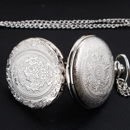 Luxury Silver Quartz Pocket Watch Fashion Necklace Pendant Chain Jewelry Gift Steampunk Clock for Men Women