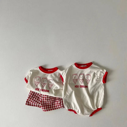 2023 Summer New Baby Cute Ice Cream Print Clothes Set Infant Boy Short Sleeve T Shirt 2pcs Set Cotton Baby Girl Plaid Shorts Set