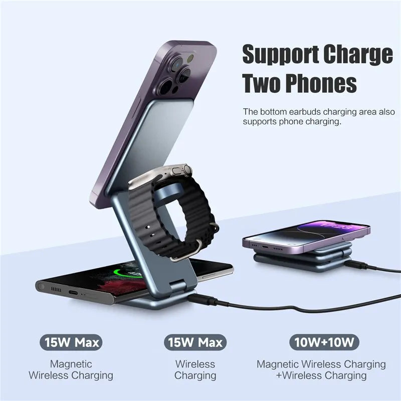 3 In 1 Magnetic Wireless Charger Stand Pad for iPhone 15 14 13 Samsung Galaxy Watch IWatch Foldable Fast Charging Dock Station