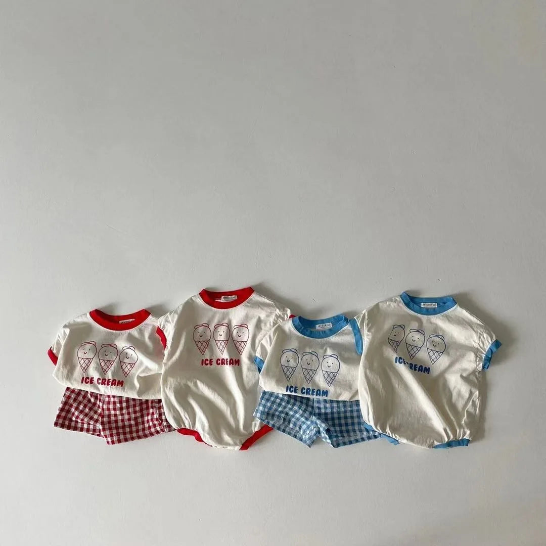 2023 Summer New Baby Cute Ice Cream Print Clothes Set Infant Boy Short Sleeve T Shirt 2pcs Set Cotton Baby Girl Plaid Shorts Set