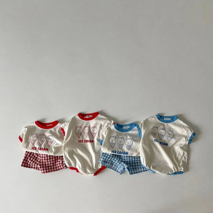 2023 Summer New Baby Cute Ice Cream Print Clothes Set Infant Boy Short Sleeve T Shirt 2pcs Set Cotton Baby Girl Plaid Shorts Set